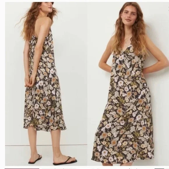 H&M | Dresses | Hm V Neck Satin Floral Midi Dress Boho Strappy Back M |  Poshmark
